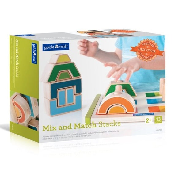A box of Guidecraft Mix and Match Stacks with colorful wooden stacking toys.