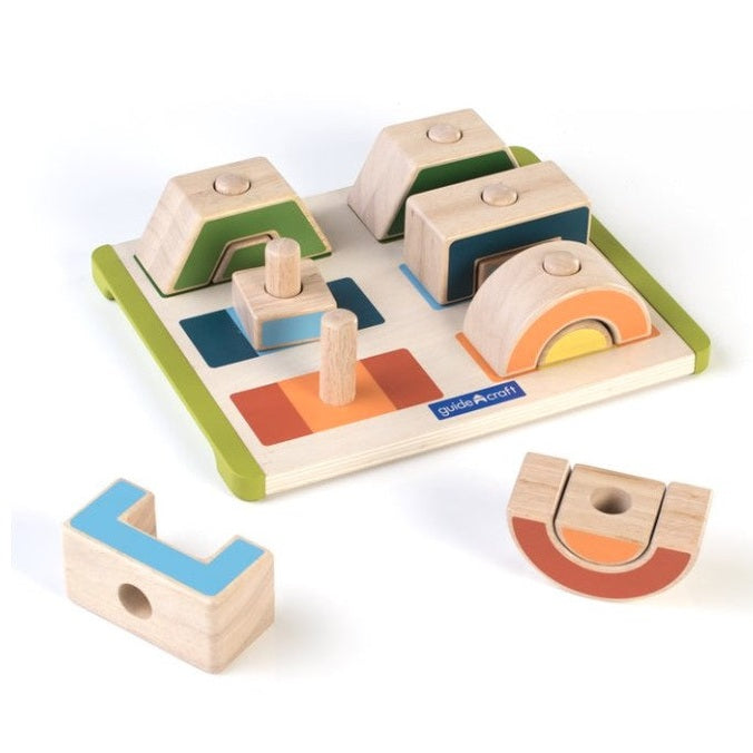 Wooden shape-sorting toy with colorful geometric pieces and a wooden base.