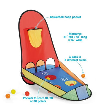 Colorful basketball hoop toy with dimensions and ball information on a white background