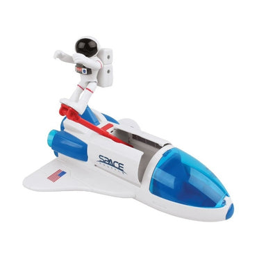 Toy space shuttle with astronaut figure on a white background