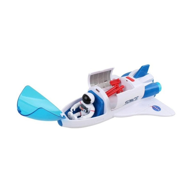 Toy space shuttle with an astronaut figure on a white background