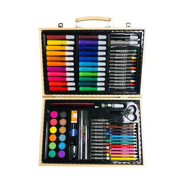 Open wooden art kit with markers, crayons, watercolors, oil pastels, pencils, brushes, and accessories.