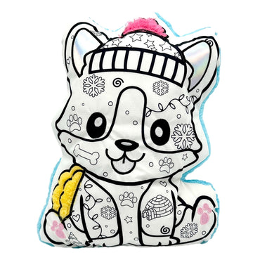 Corgi-shaped pillow with winter-themed decorations and a pink pom-pom on its hat.
