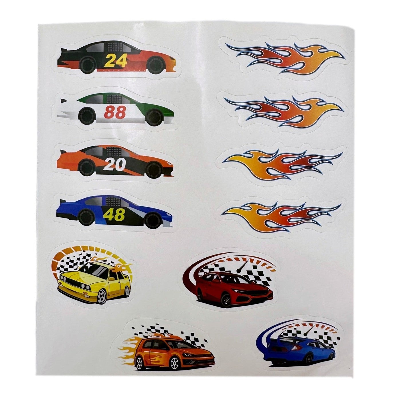 Sheet of car and flame stickers.