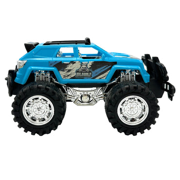 Blue toy monster truck with chrome wheels and black grille.
