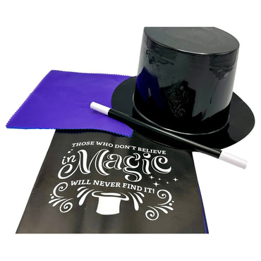 Magic trick set with a top hat, magic wand, purple cloth, and instruction booklet.