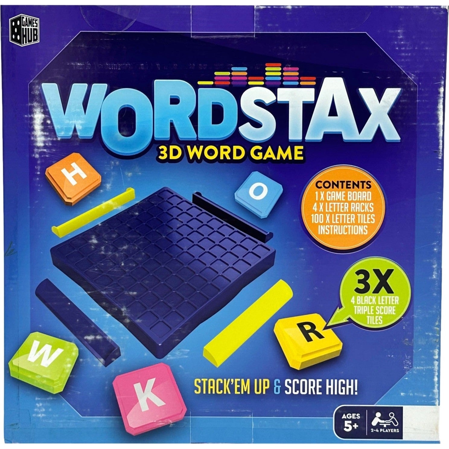 Boxed Wordstax 3D word game with colorful letter tiles and board.