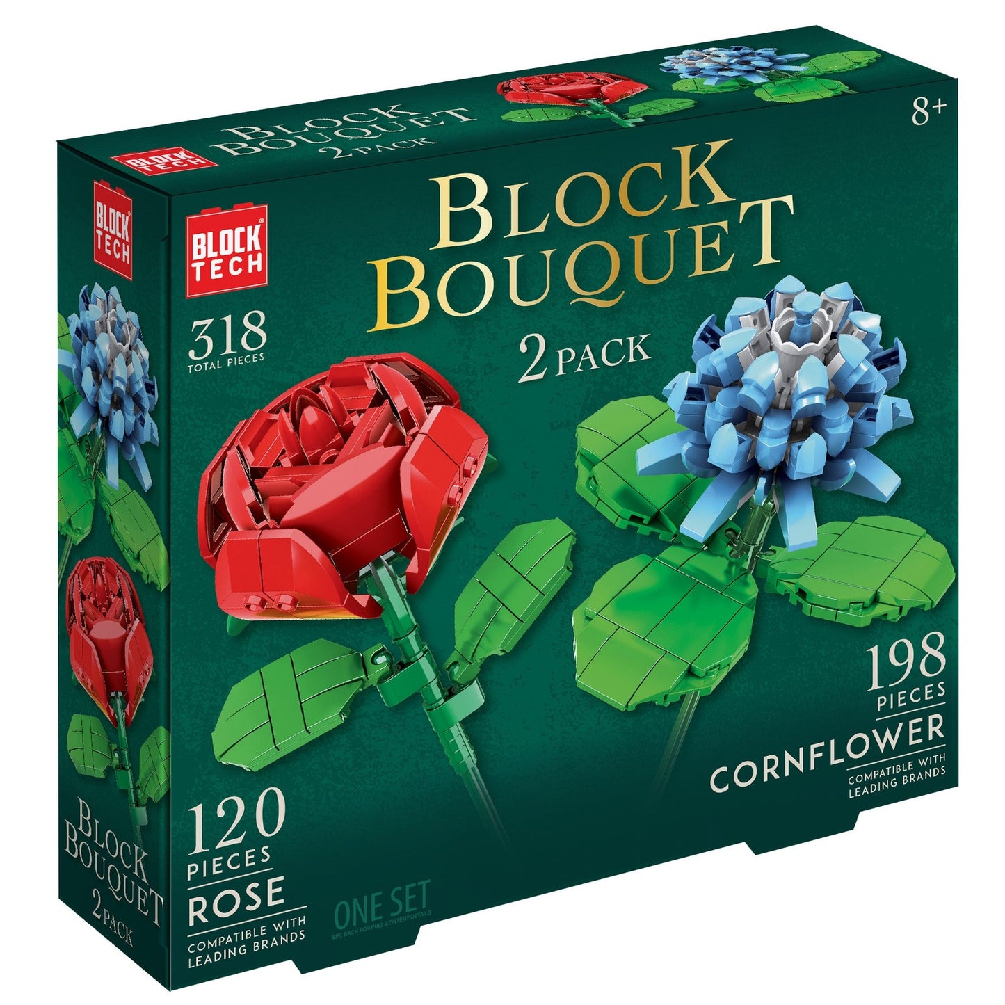 A toy package for "Block Bouquet" building blocks featuring a red rose and blue cornflower.