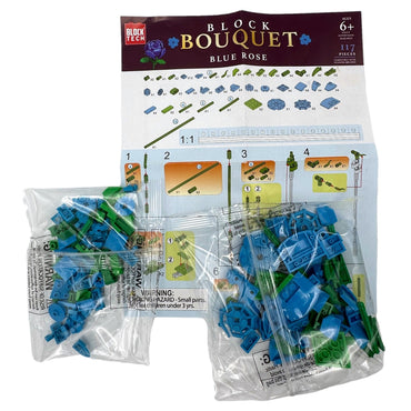 A Block Tech Blue Rose building block set with instructions and pieces in clear bags.