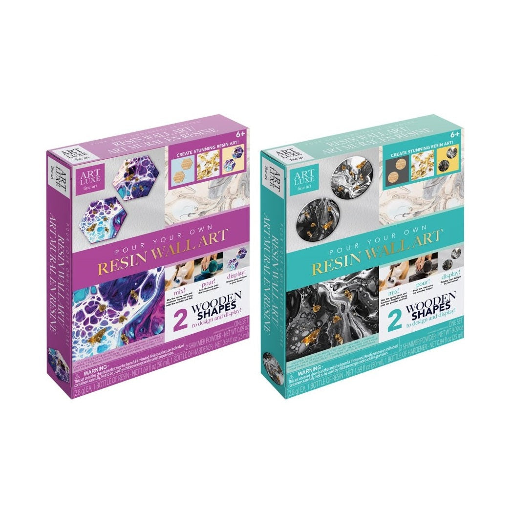 Two kits for creating resin wall art, one purple and one teal, with wooden shapes and resin.