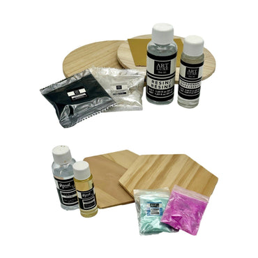 Resin craft kits featuring resin, hardener, wooden shapes, and colored powders.