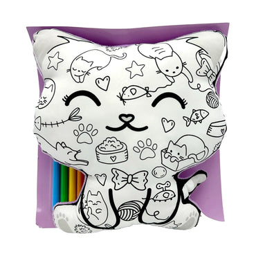 White, cat-shaped, coloring-book pillow with assorted cat-themed drawings, colored pencils, purple packaging.
