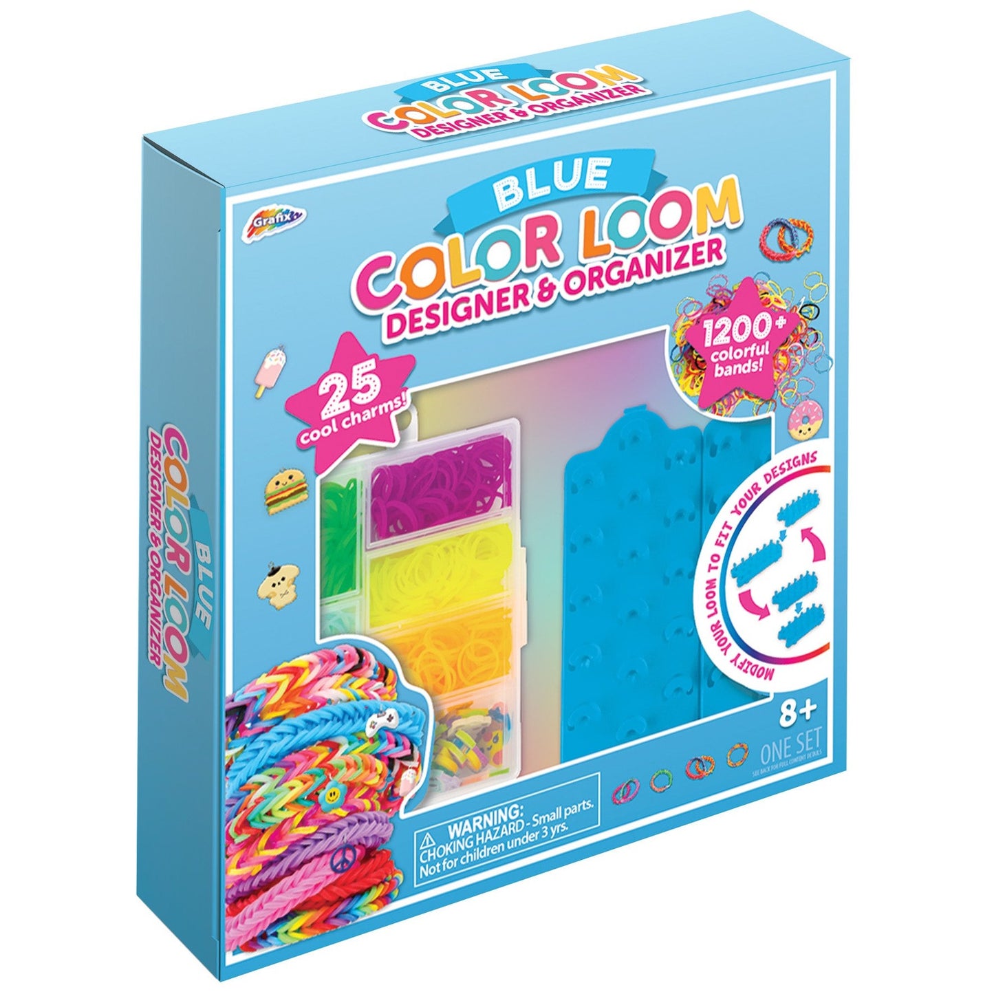 A blue box of a "Blue Color Loom Designer & Organizer" kit for ages 8+.
