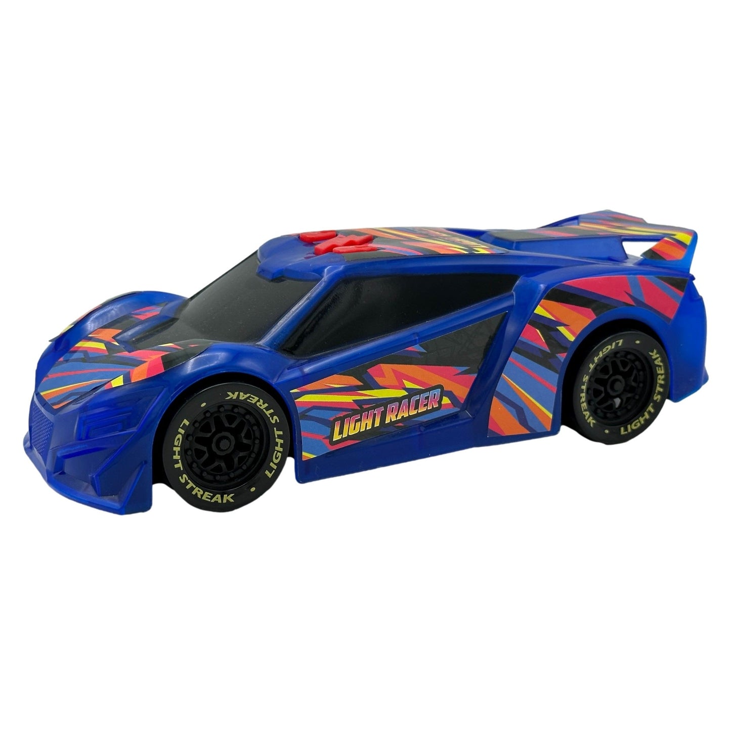 Blue plastic toy car with black wheels.