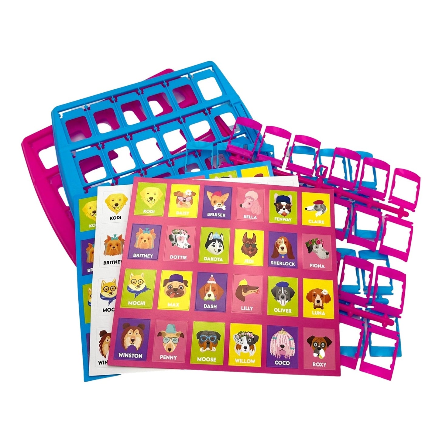"Guess Who?" game with dog characters and game pieces.