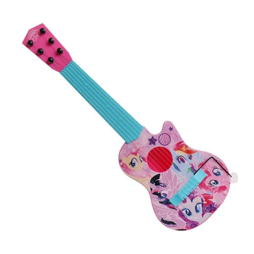 Pink My Little Pony toy guitar with a blue neck.