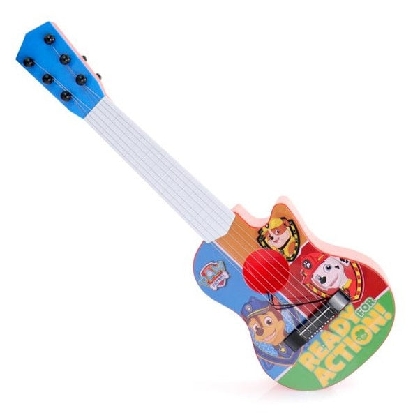 Toy guitar with Paw Patrol characters, blue headstock, and "Ready for Action!" text.