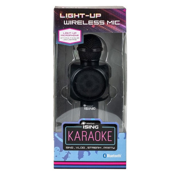 Close-up of a black light-up wireless microphone in its packaging.