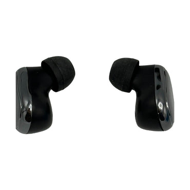 Two black wireless earbuds with foam tips.