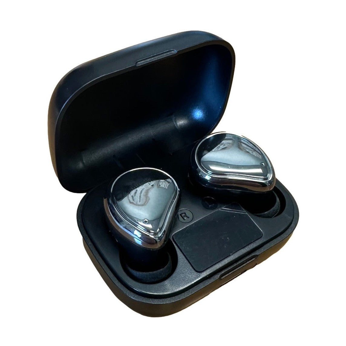 Black wireless earbuds in an open charging case.