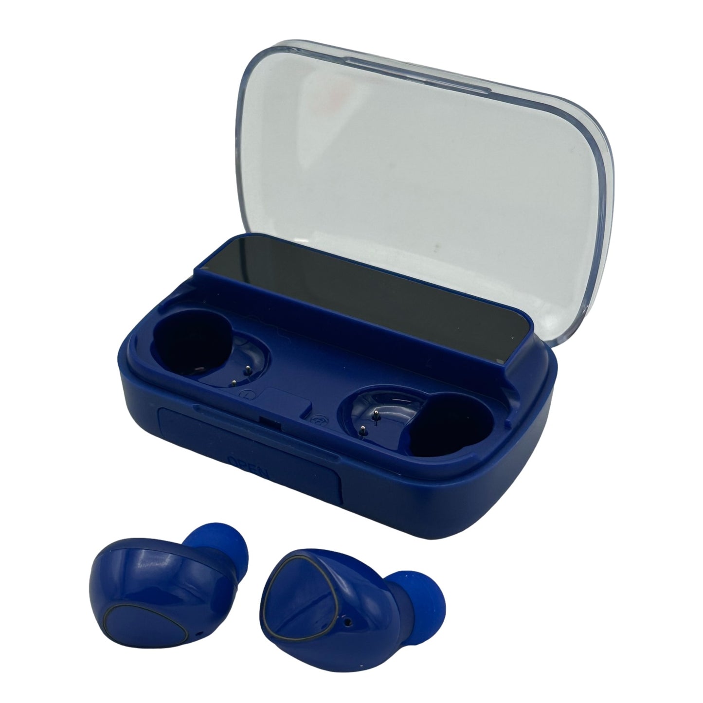Blue wireless earbuds with charging case.