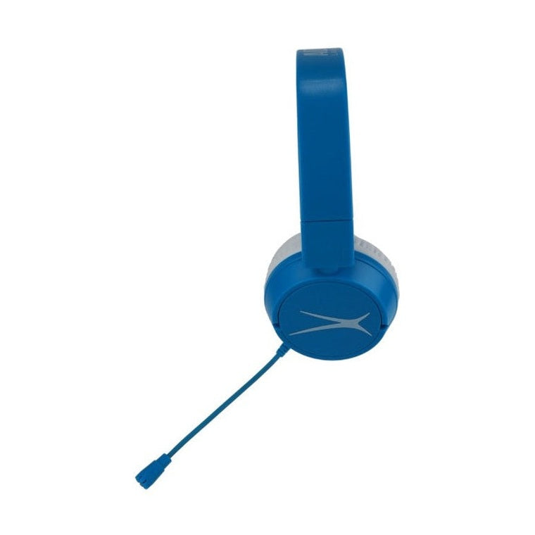 Blue on-ear headphones with microphone.