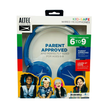 Packaging for Altec Lansing Kid-Safe Wired Headphones, featuring a blue and white headset, photos of children wearing headphones, and text highlighting safety features.