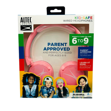 Boxed, pink, Altec Lansing Kid-Safe wired headphones, children wearing headphones pictured below.