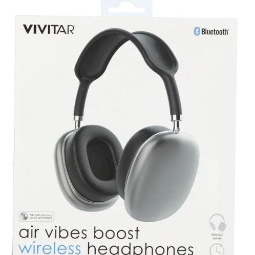 Silver and black wireless headphones in packaging.