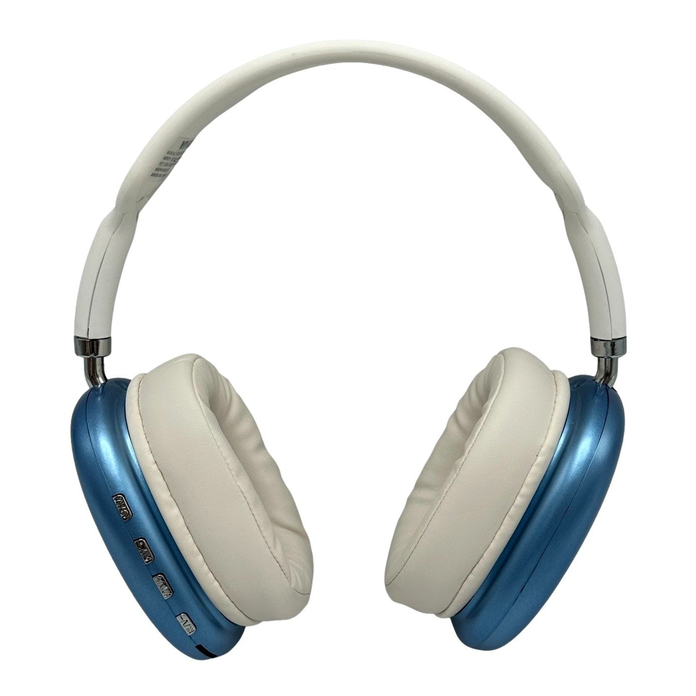 Over-ear blue and white headphones.
