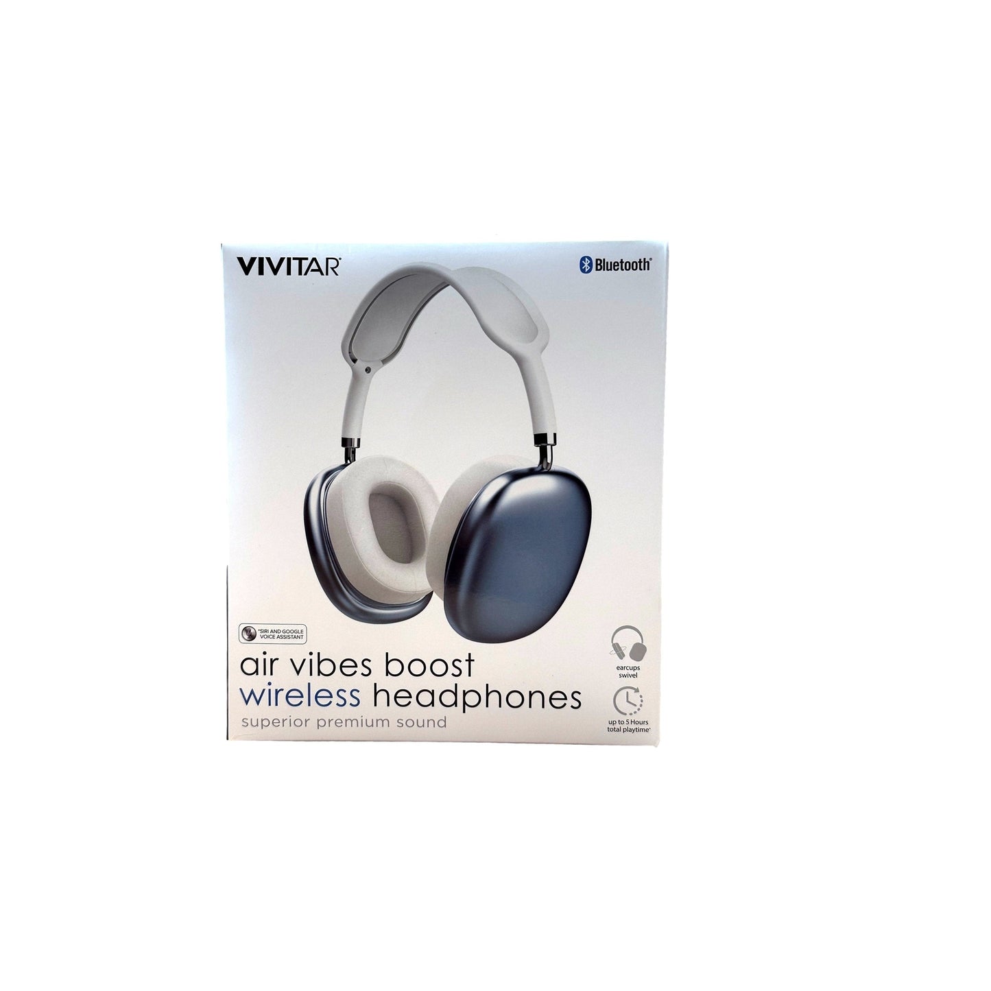 Headphones box with Vivitar logo, Bluetooth symbol, and image of gray and blue headphones.