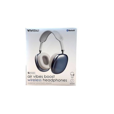 Headphones box with Vivitar logo, Bluetooth symbol, and image of gray and blue headphones.
