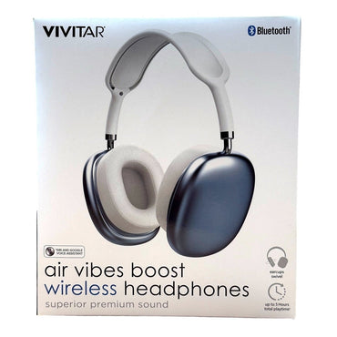 Headphones box with Vivitar logo, Bluetooth symbol, and image of gray and blue headphones.