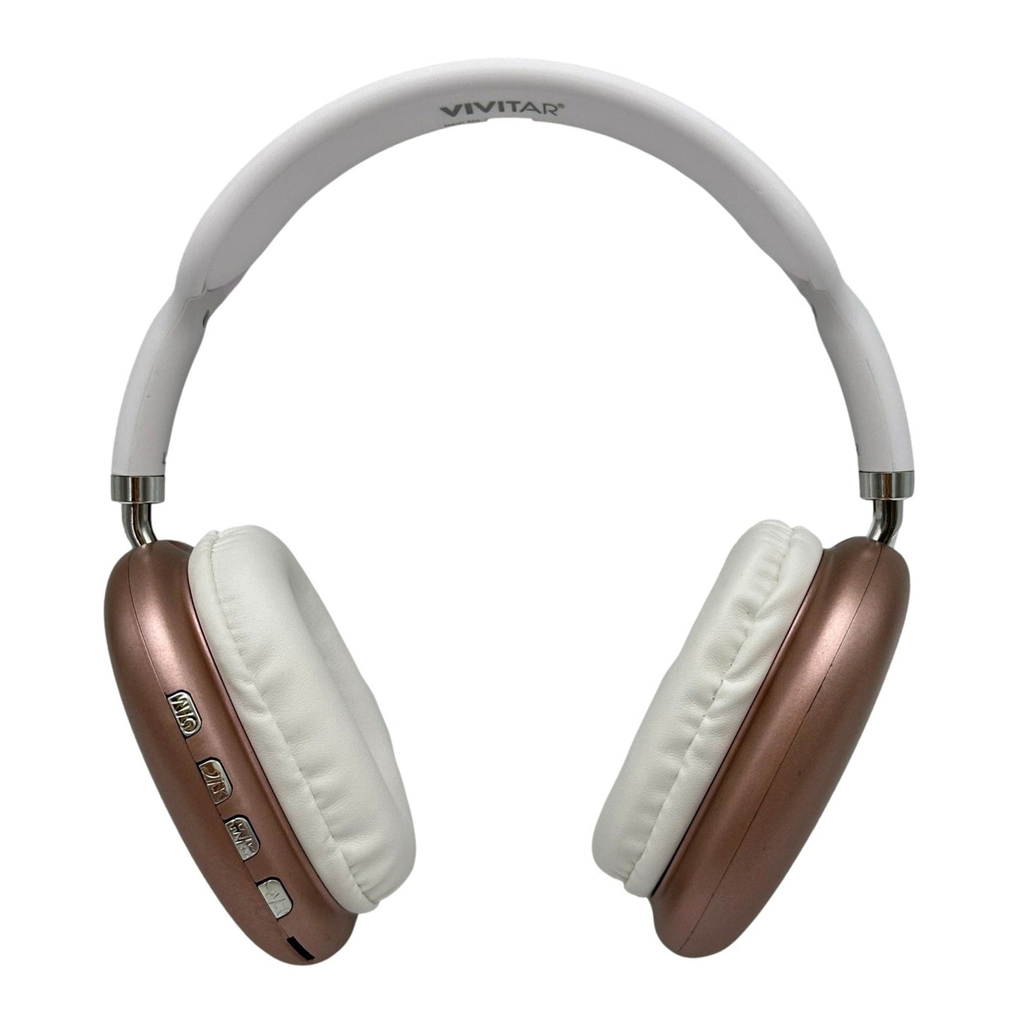 Rose gold and white Vivitar headphones.