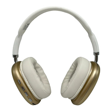 White and gold over-ear headphones.