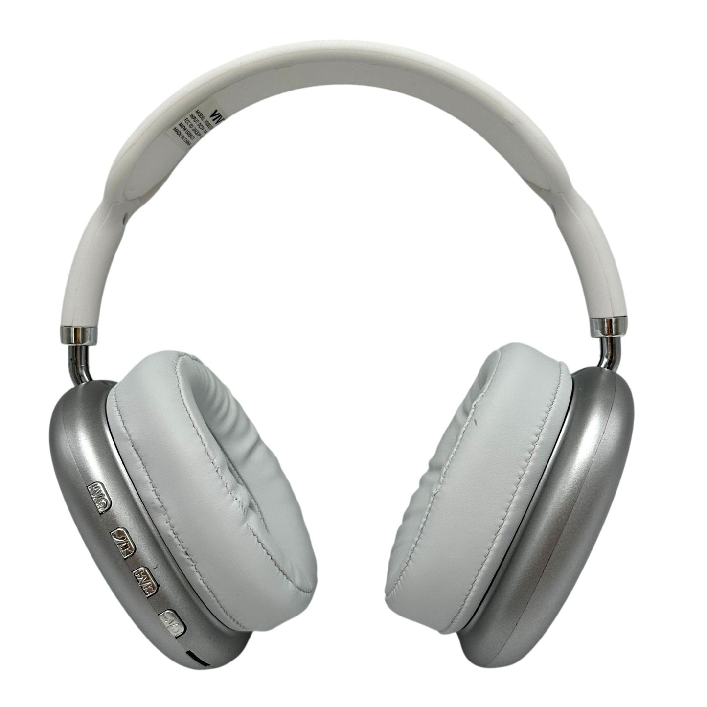 White and silver over-ear headphones.