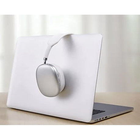 Silver headphones hanging on a laptop.