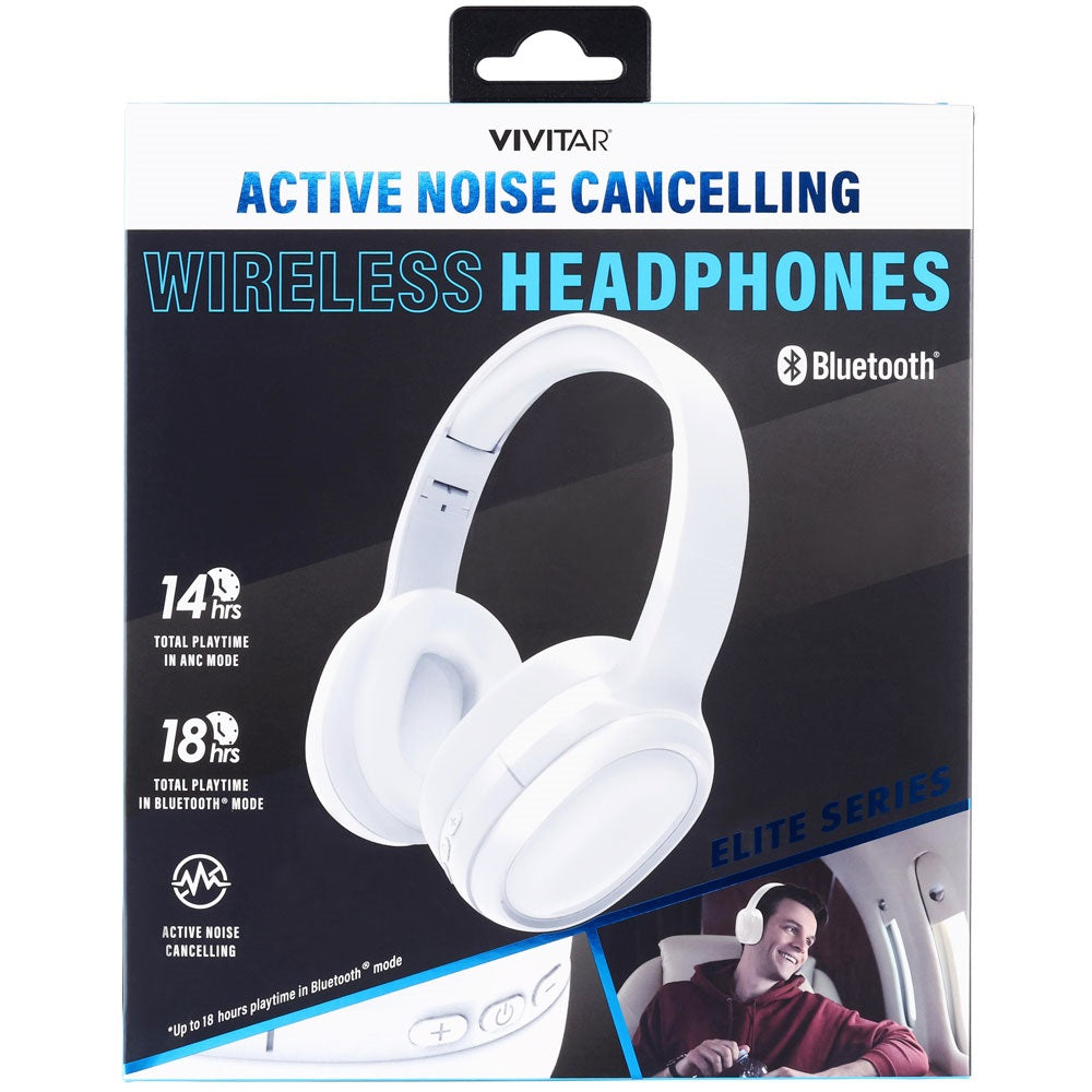 Box of white Vivitar Active Noise Cancelling Wireless Headphones.