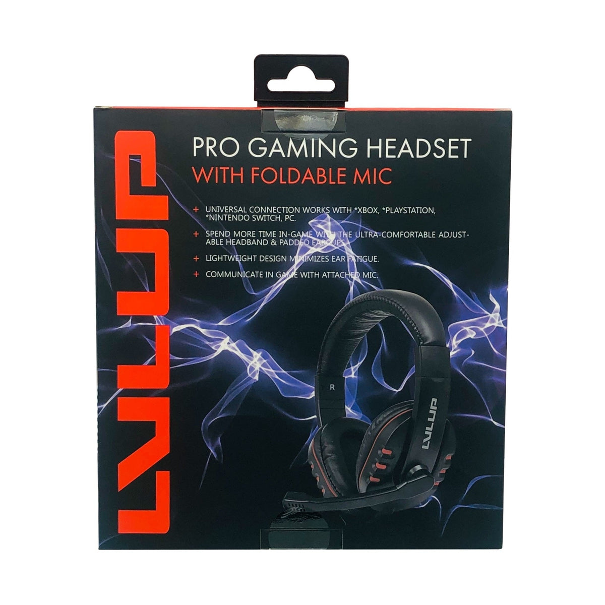 A package for a black gaming headset with red accents.