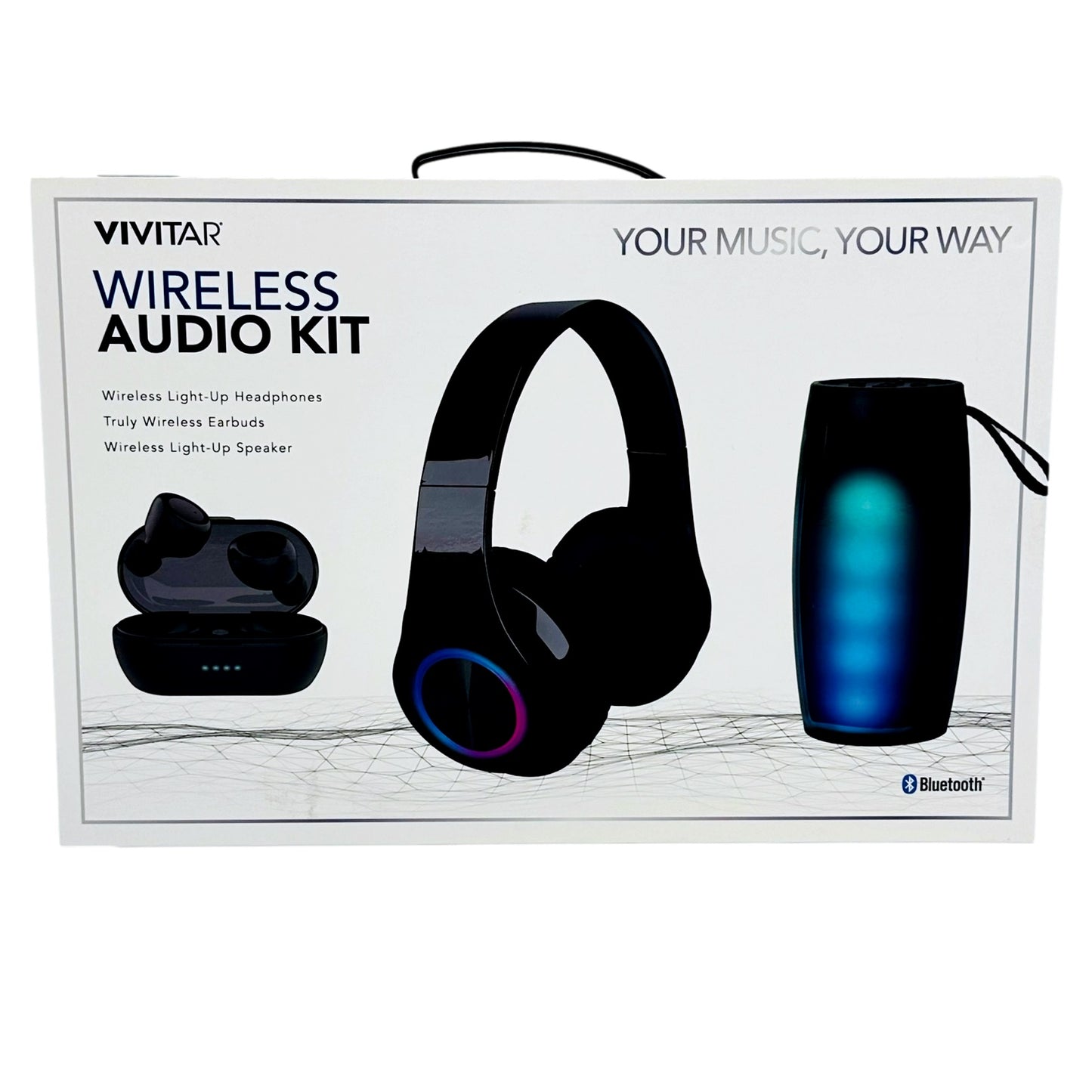 Boxed Vivitar wireless audio kit with light-up headphones, earbuds, and speaker.