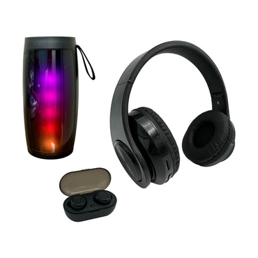 A speaker with colorful lights, wireless earbuds in a case, and a pair of over-ear headphones, all in black.
