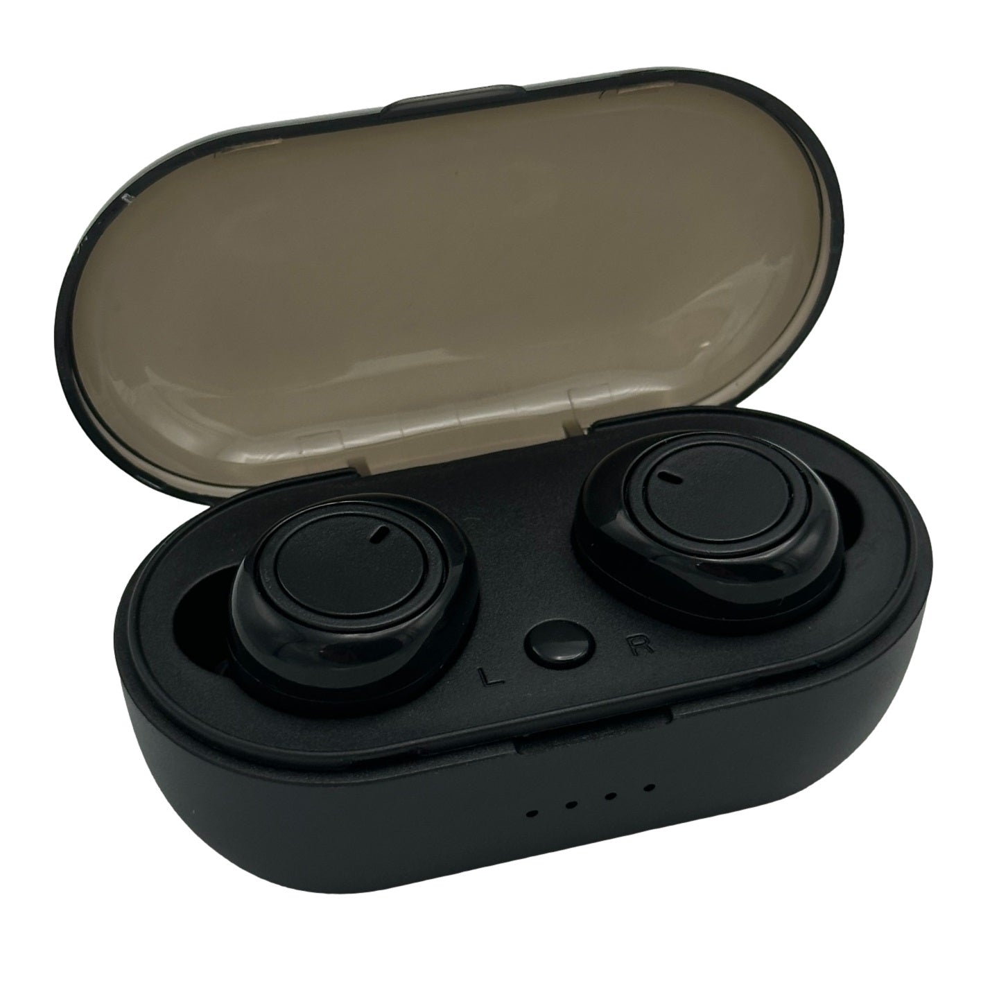 Black wireless earbuds in an open black charging case.