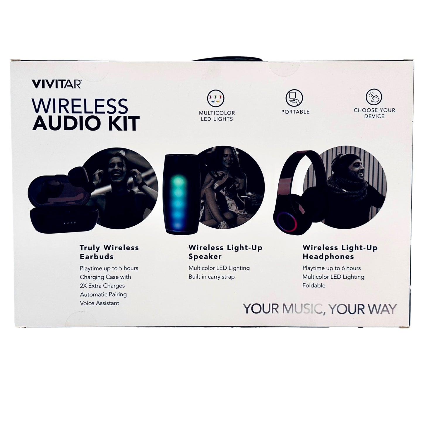Boxed Vivitar wireless audio kit with earbuds, speaker, and headphones.