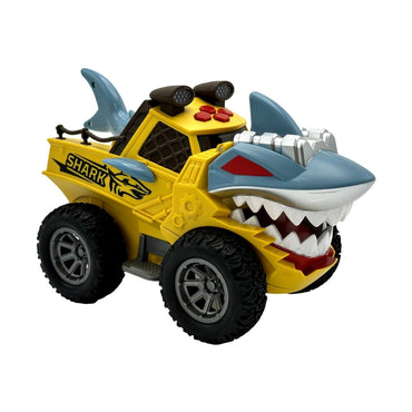 Toy shark monster truck, yellow and blue.