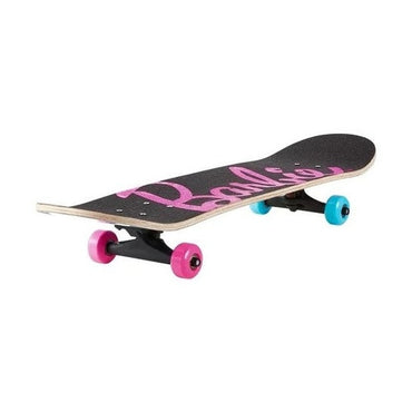 Black Barbie skateboard with pink lettering and pink and blue wheels.