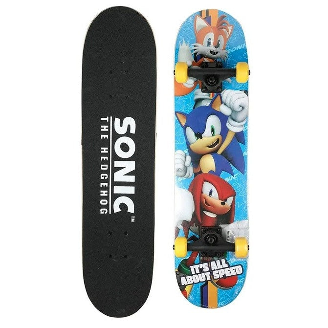 Two skateboards, one black with "Sonic the Hedgehog" written vertically, the other with Sonic characters.