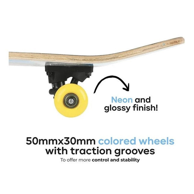 Close-up of a skateboard with yellow wheels, black hardware, and a light-colored wooden deck. Text highlights the "neon and glossy finish" and "50mmx30mm colored wheels with traction grooves."
