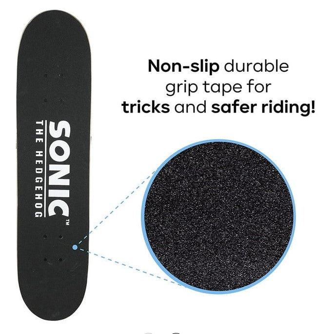 Black Sonic the Hedgehog skateboard deck with grip tape.