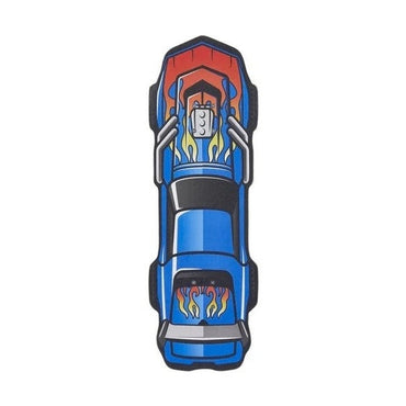 Blue cartoon race car with flames.