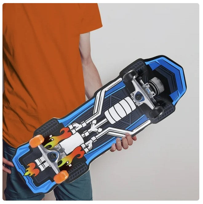 A person holding a skateboard with a blue, black, and white car chassis design. The person is wearing an orange shirt and blue shorts.